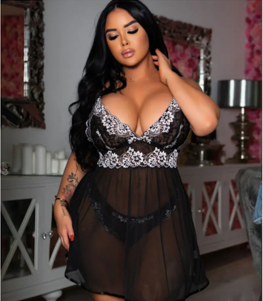 Plus Size Floral Embroidered Semi Sheer Mesh Slip Babydoll & Panty